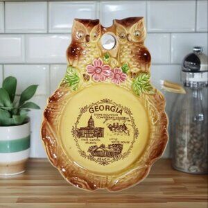 VTG Japan Scotty Owl Spoonrest Wall Plaque Hanging Googly Eyes Georgia Souvenir